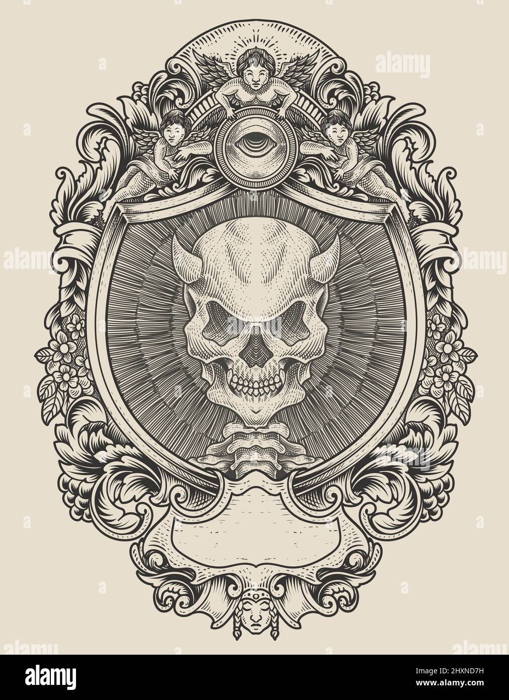 illustration demon skull with engraving ornament style Stock Vector ...