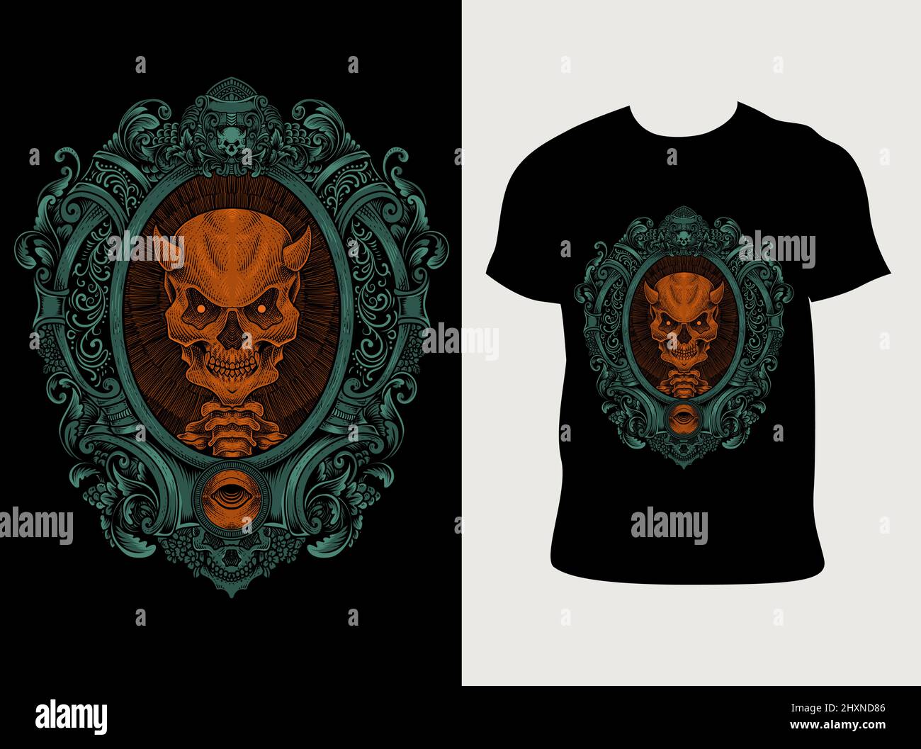 illustration demon skull with engraving ornament style Stock Vector ...