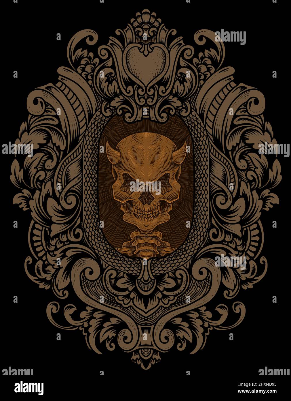 illustration demon skull with engraving ornament style Stock Vector ...