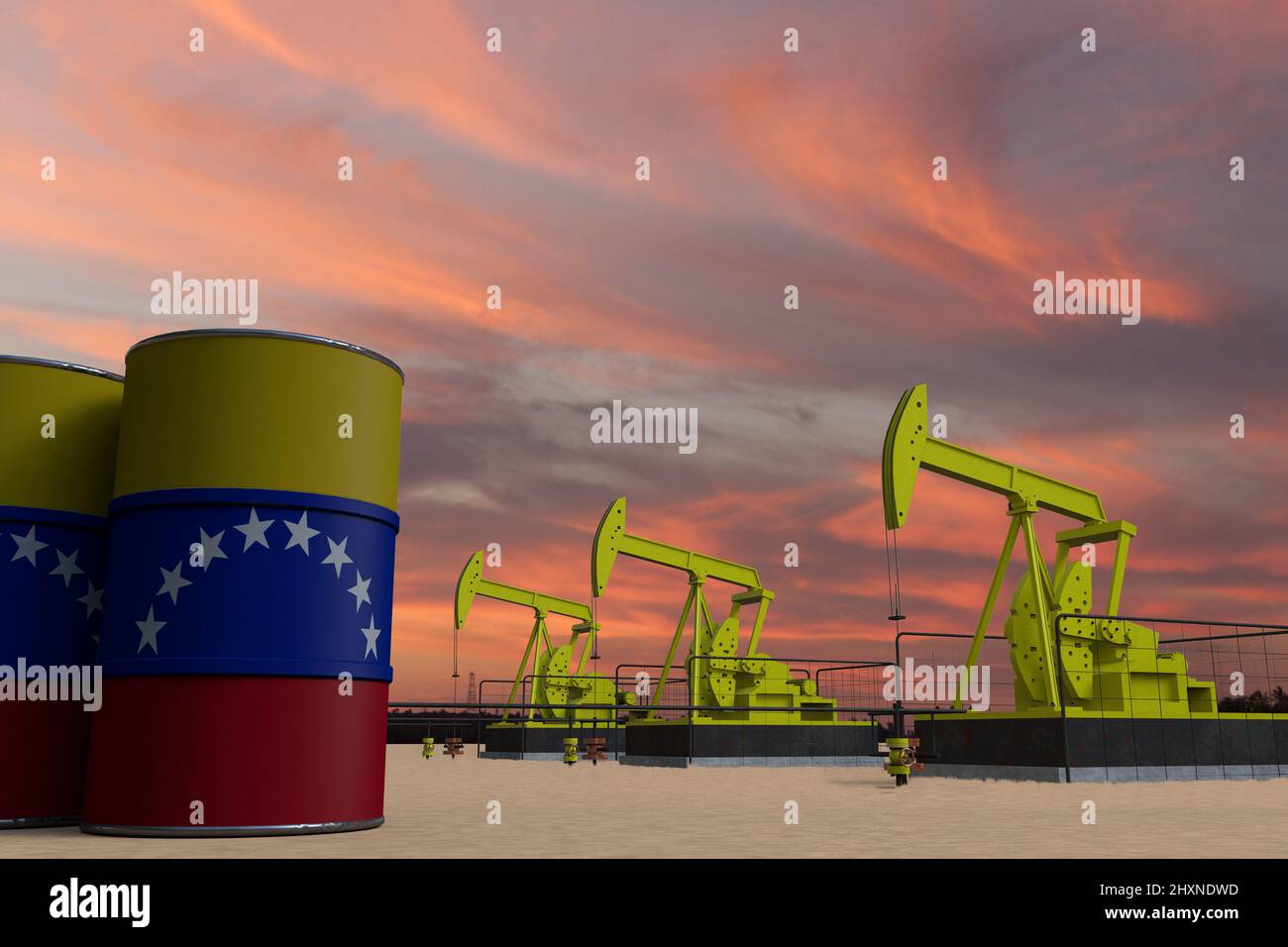 Nice pumpjack oil extraction and cloudy sky in sunset with the Venezuela flag on oil barrels 3D rendering Stock Photo