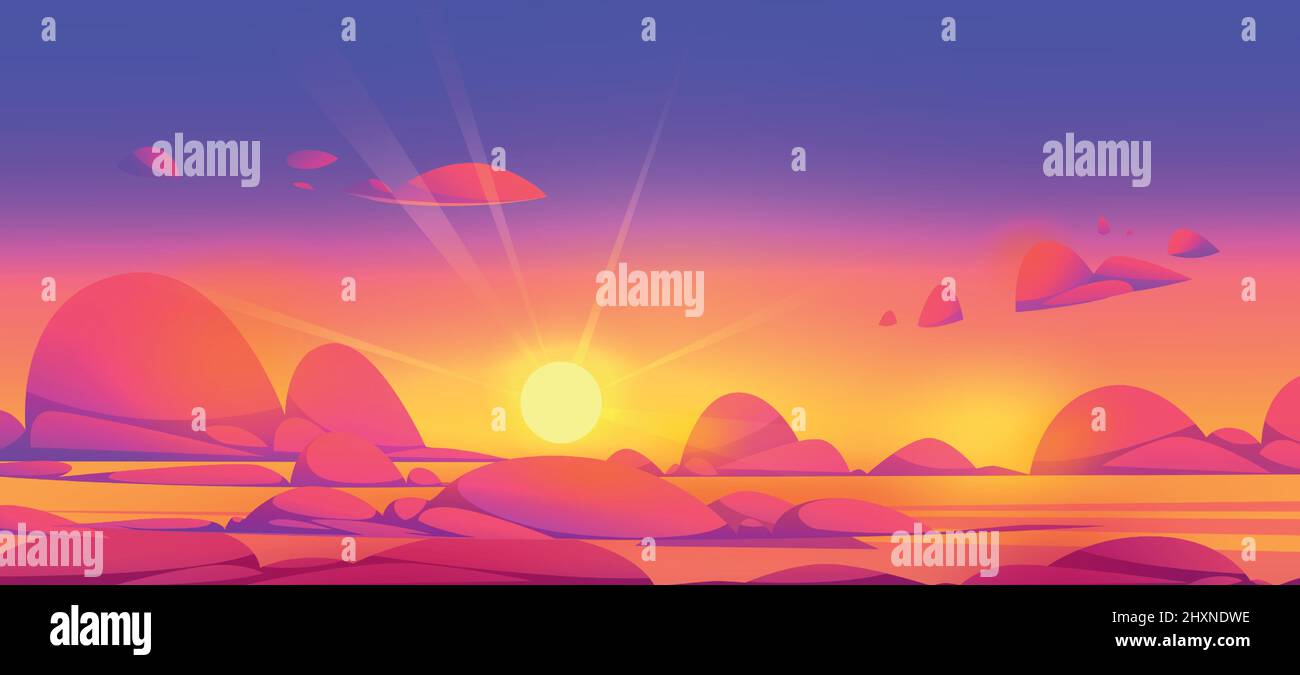 Sunset sky above clouds with sun shine. Beautiful nature landscape background, red,and orange fluffy cloudscape with brigth shining rays, evening view from airplane, Cartoon vector illustration Stock Vector