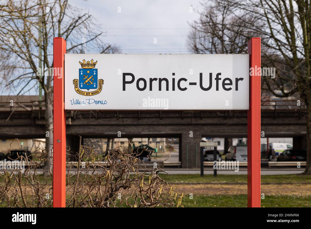 Linz am Rhein, Germany - 2022-03-12: Pornic-Ufer, a park next to River Rhine, referring to   Linz' town twinning with the French city of Pornic Stock Photo