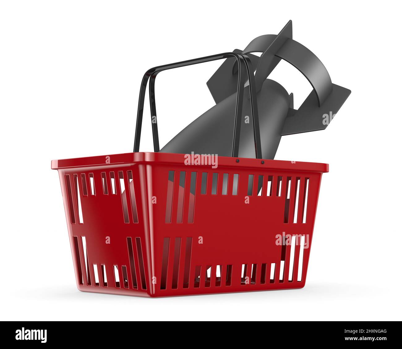 Aerial bomb  and red shopping basket on white background. Isolated 3d illustration Stock Photo