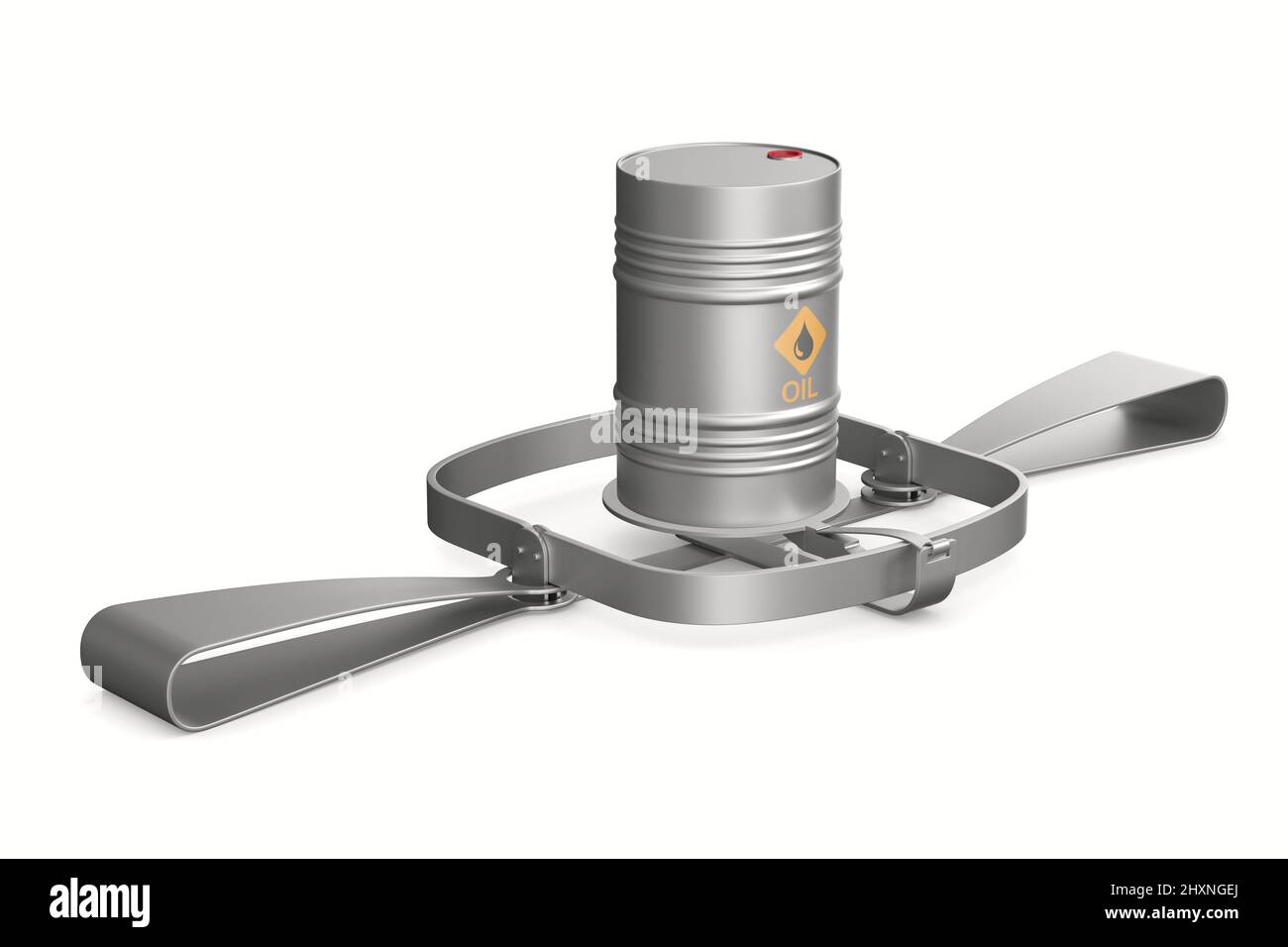 bear trap and oil barrel on white background. Isolated 3D illustration Stock Photo