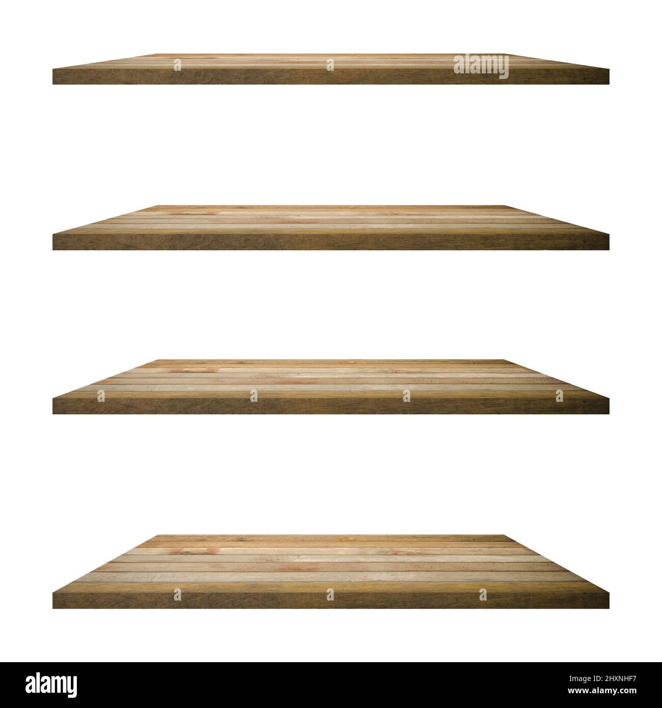 4 old wood shelves table isolated on white background and display ...