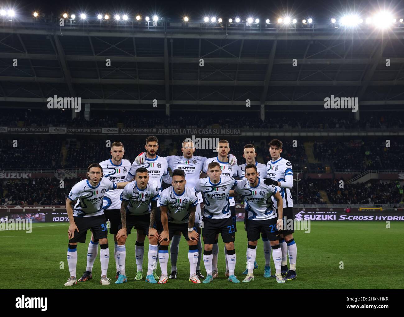 Turin, Italy, 13th March 2022. The FC Internazionale starting eleven line  up for a team photo prior to kick off, back row ( L to R ); Milan Skriniar,  Andrea Ranocchia, Samir