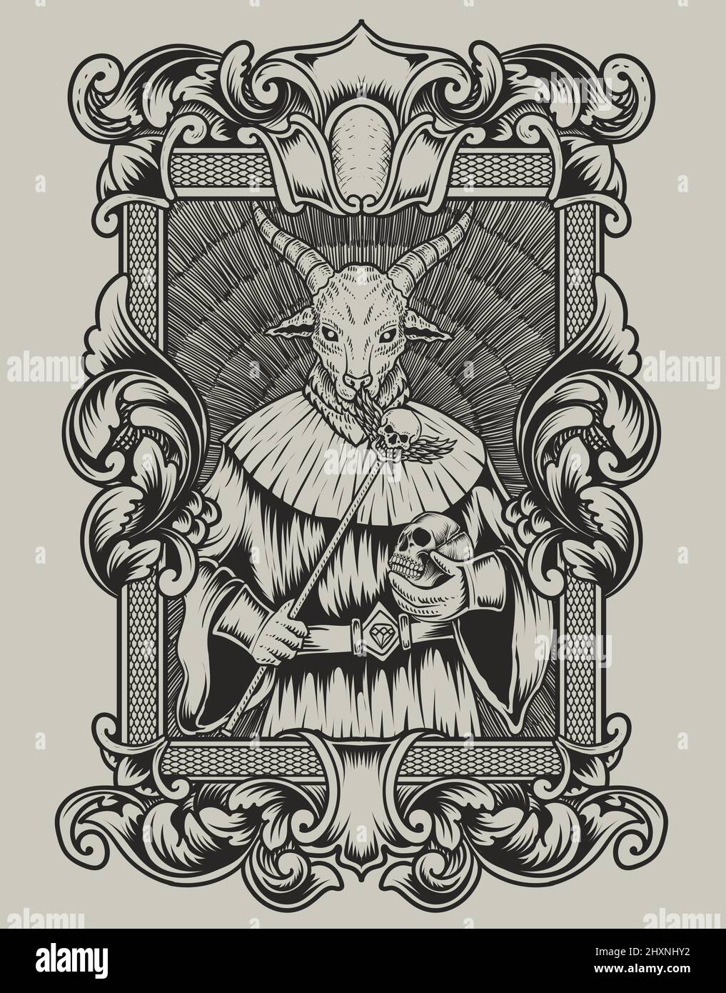 illustration scary baphomet on engraving ornament frame Stock Vector ...