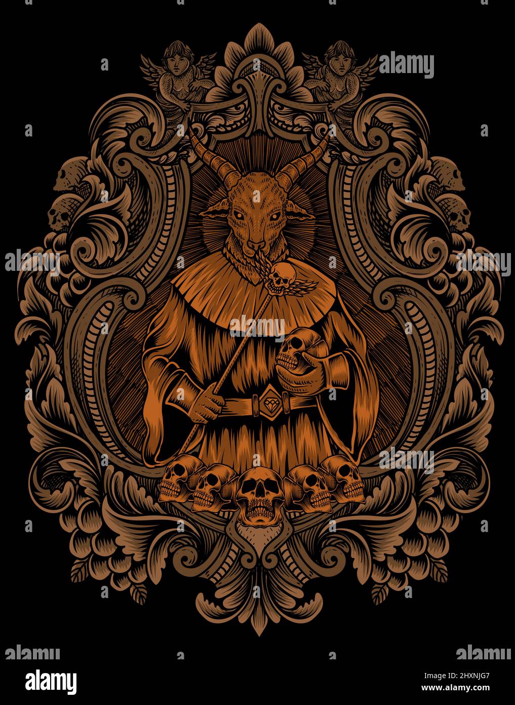 illustration scary baphomet on engraving ornament frame Stock Vector ...