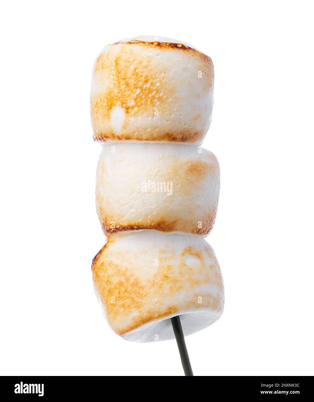 Grilled marshmallows on sticks isolated on white Stock Photo