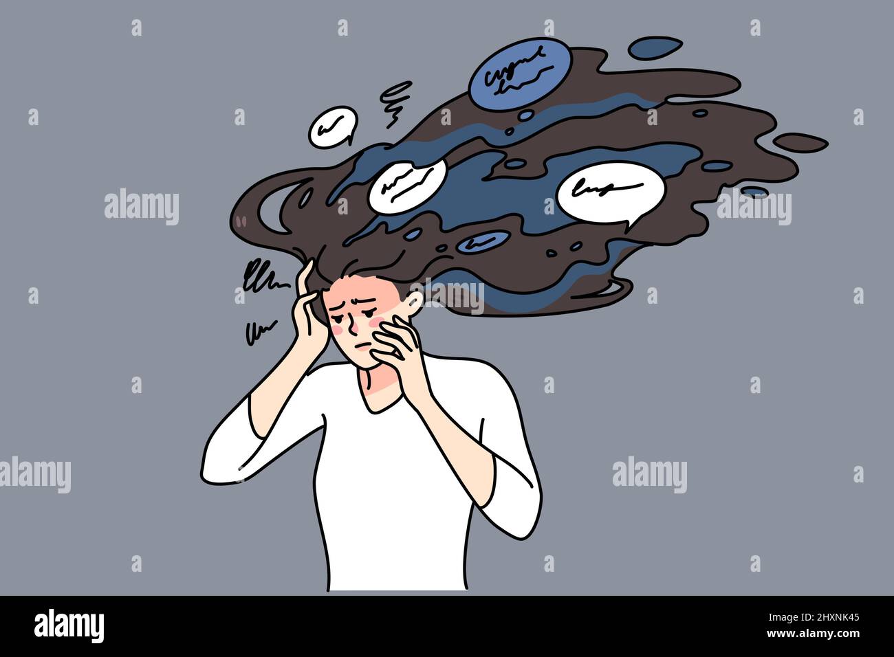Unhappy stressed woman with paranoid thoughts in mind. Upset distressed girl suffer from panic stressful ideas, have psychological mental problems. Counseling concept. Vector illustration.  Stock Vector