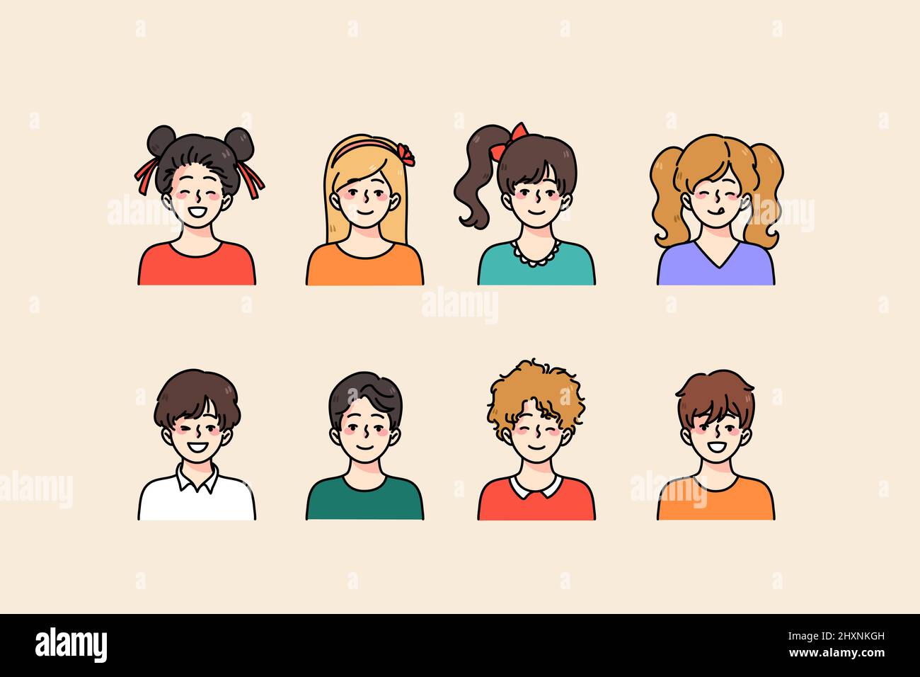 Set of diverse little happy children show different emotions and face expressions. Collection of smiling small boys and girls kids feel cheerful and positive. Childhood concept. Vector illustration.  Stock Vector