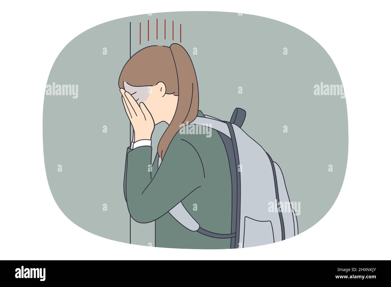 Upset teen girl crying suffer from bullying or harassment in school. Unhappy sad teenager schoolgirl feel stressed having mental or psychological problems. Adolescence. Vector illustration.  Stock Vector