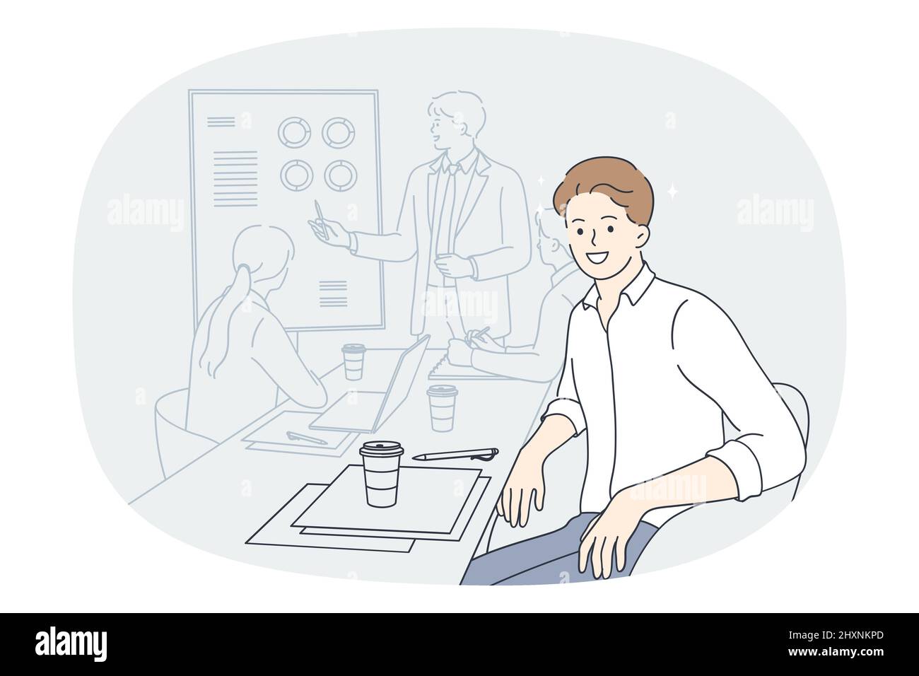 Smiling man employee at team meeting with coach or presenter in office. Happy male worker sit at desk with colleagues having briefing with group leader or boss. Flat vector illustration.  Stock Vector
