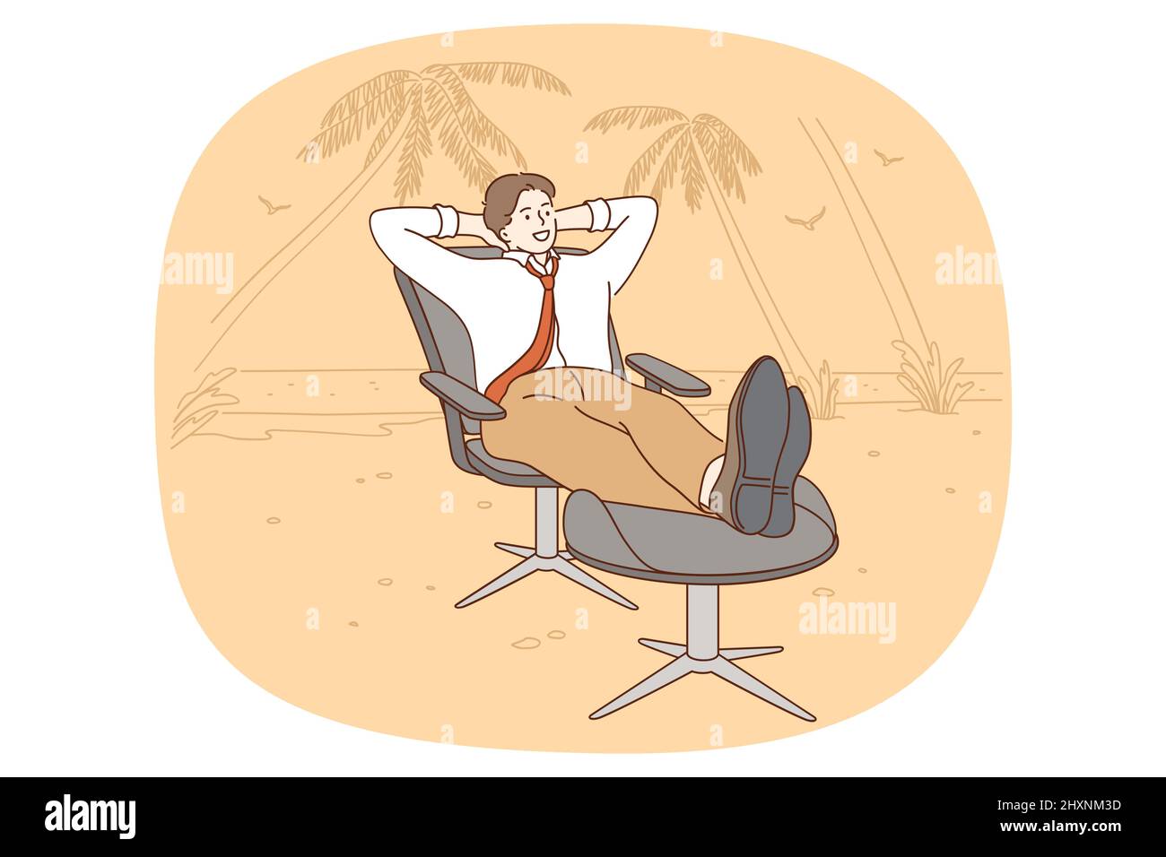 Happy man employee sit relax in chair in office dream to be on vacation. Smiling businessman rest on beach have passive income. Male freelancer work from seacoast. Vector illustration.  Stock Vector