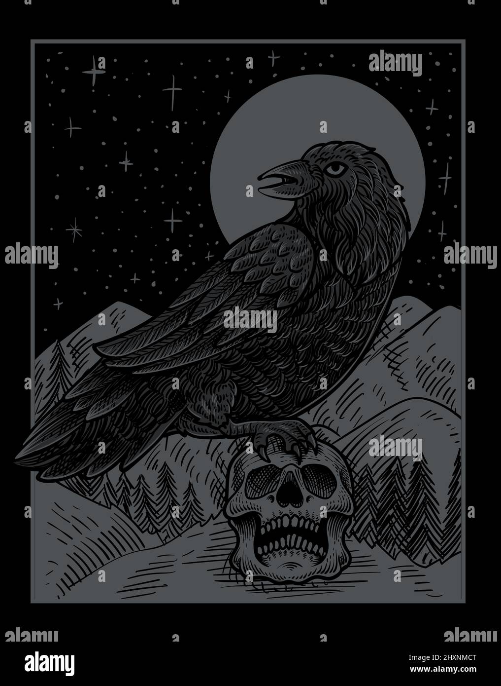 illustration vintage scary crow with engraving style Stock Vector Image ...