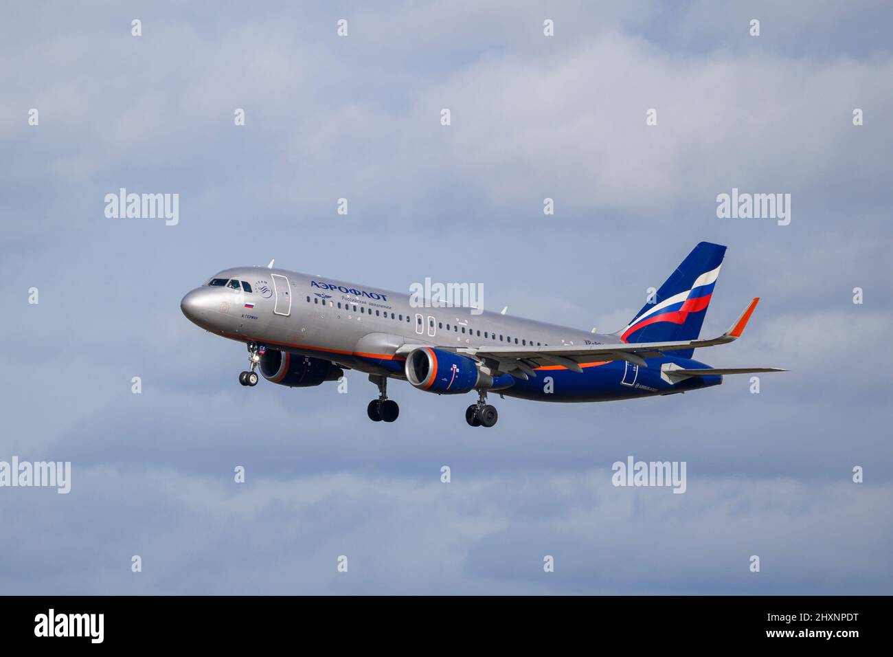 Munich, Germany - February 20. 2022 : Aeroflot - Russian Airlines Airbus A320-214 with the aircraft registration VP-BCA is landing on the northern run Stock Photo