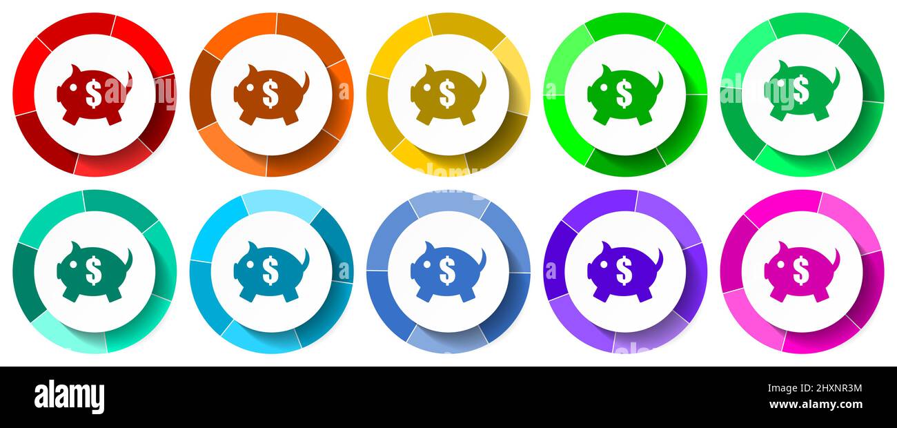 Piggy bank icon set, business flat design vector illustration in 10 ...