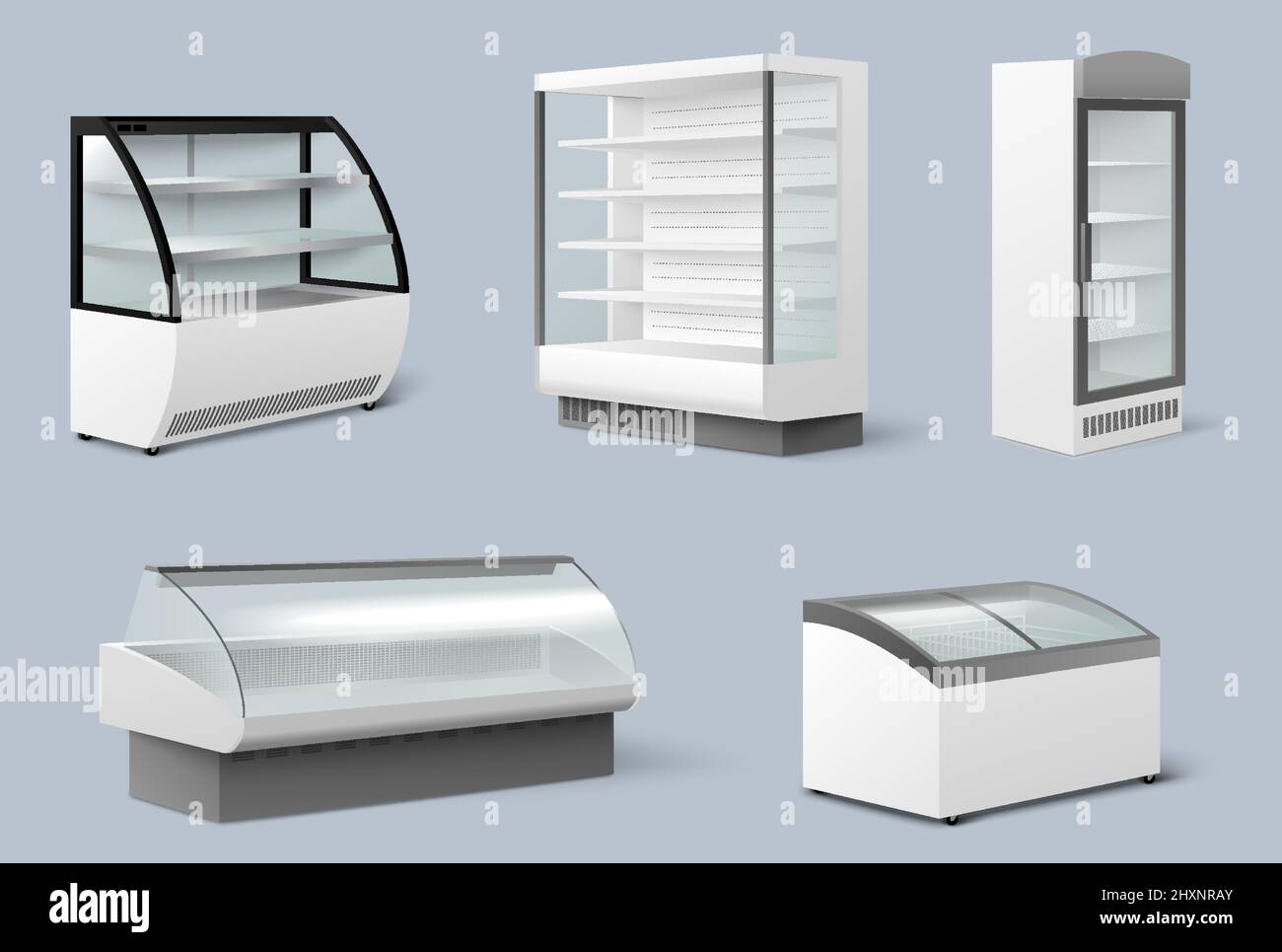 Commercial display refrigerator mockup set, vector illustration. Empty retail fridge for supermarket or grocery store. Stock Vector