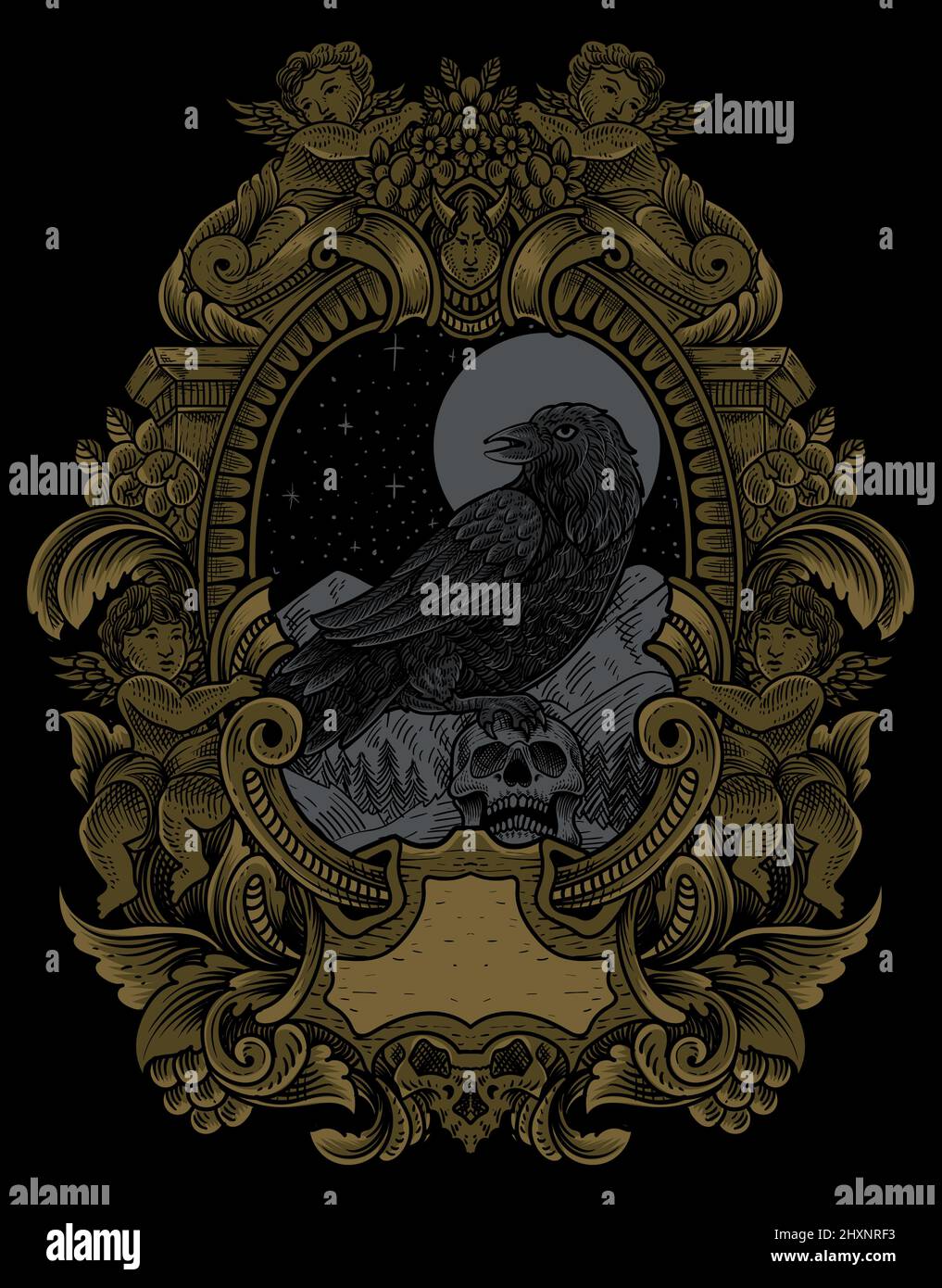 illustration vintage scary crow with engraving style Stock Vector Image ...