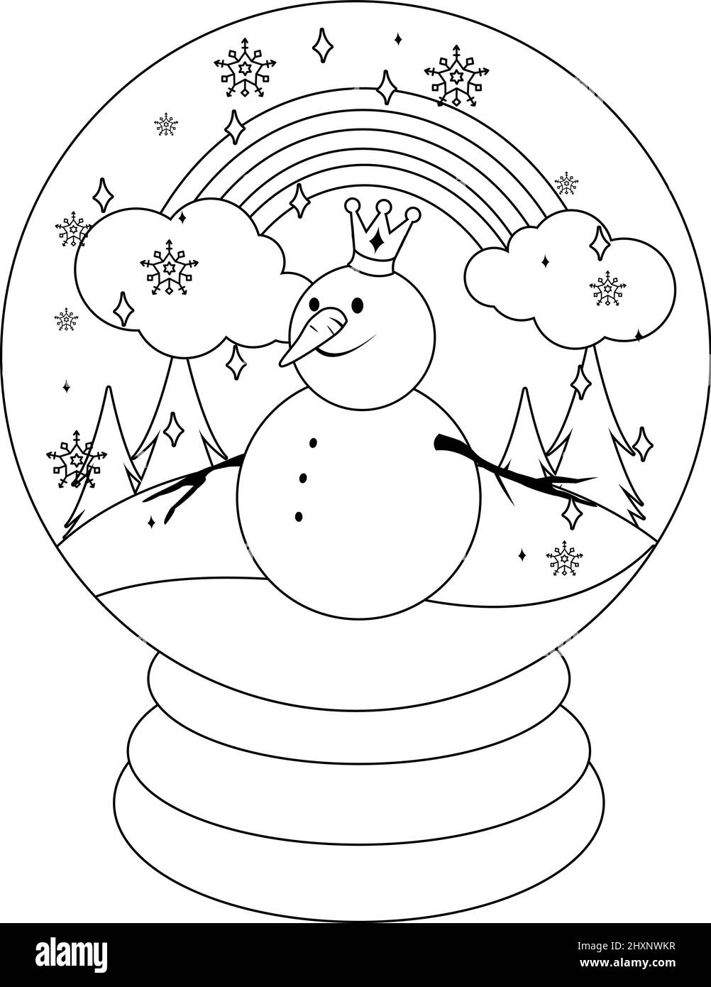 Fairy tale snow globe with a snowman. Vector black and white coloring