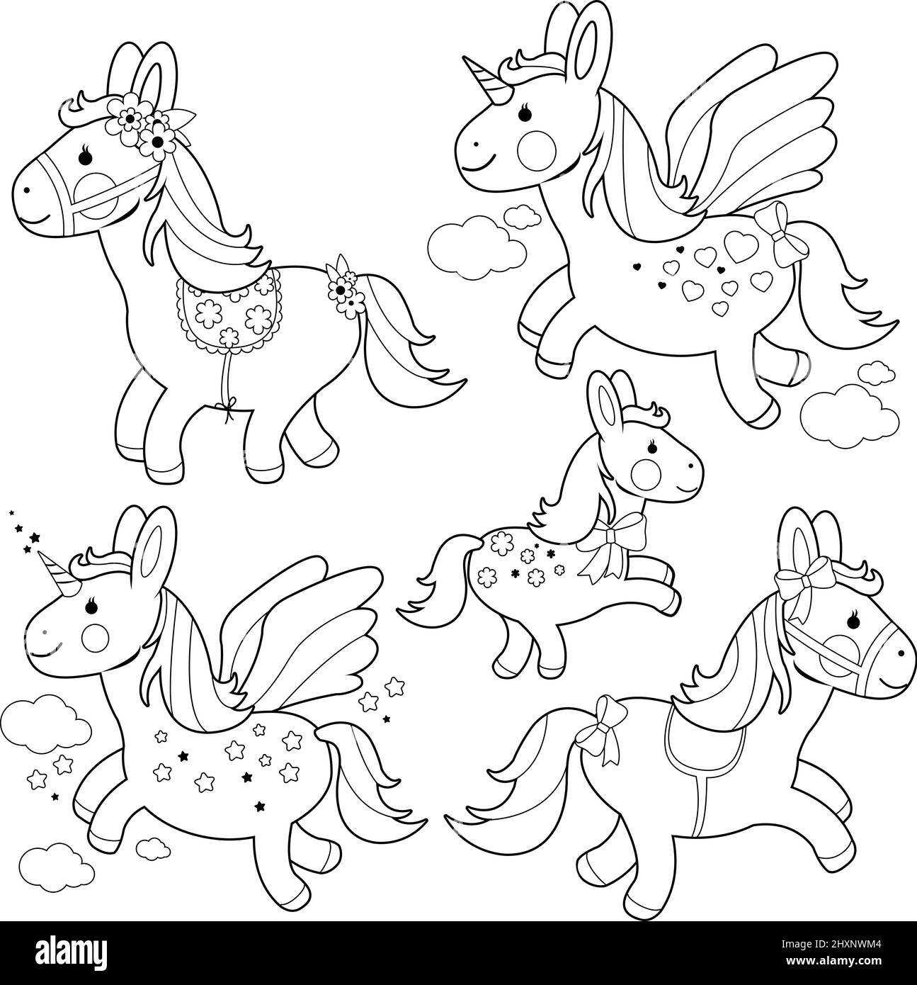 Cute ponies and unicorns. Vector black and white coloring page Stock Vector