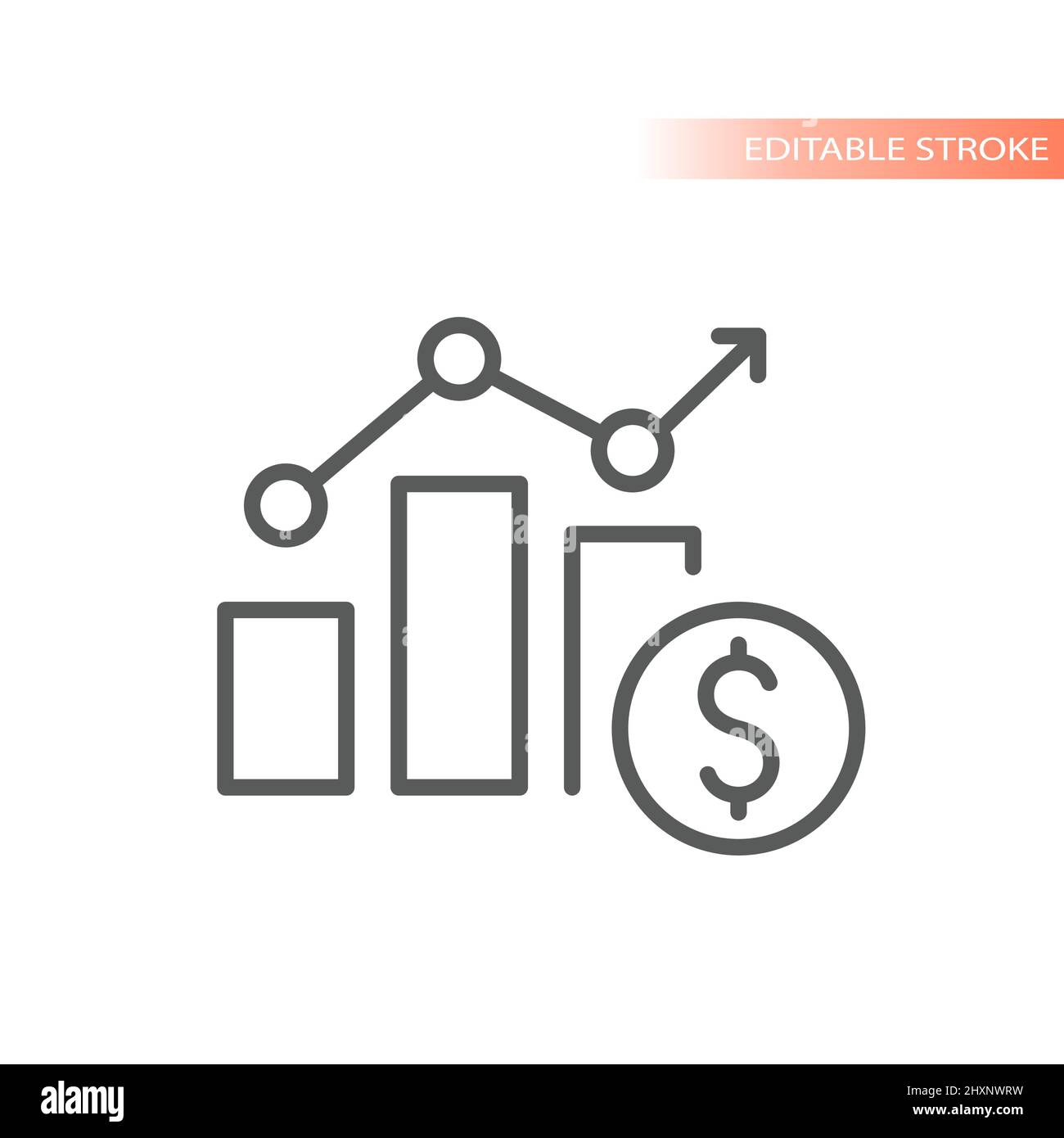 Data bar chart with dollar line vector icon. Money, financial report, success outlined symbol. Stock Vector