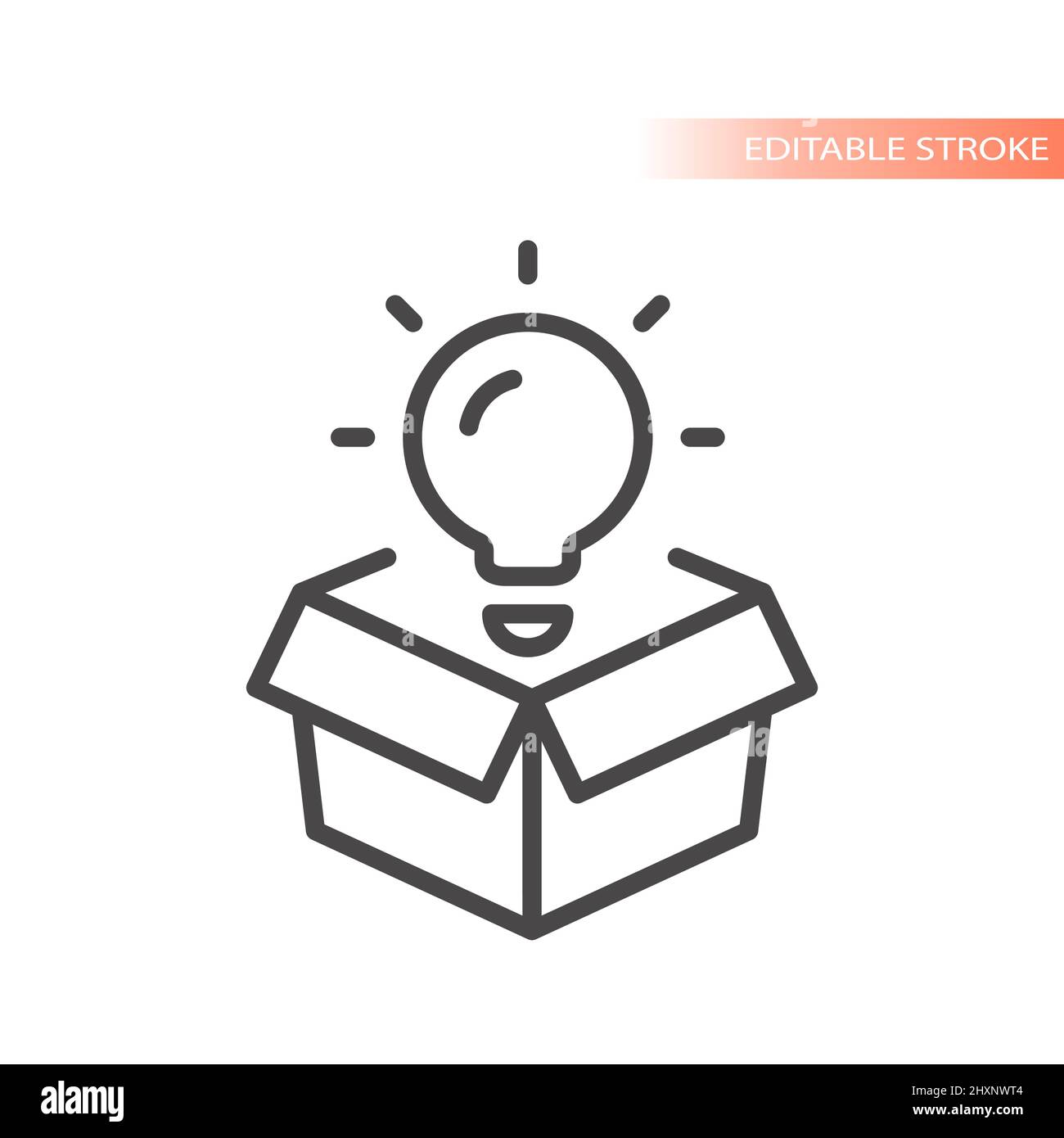 Open box and lightbulb line vector icon. Idea, solution outlined symbol. Stock Vector