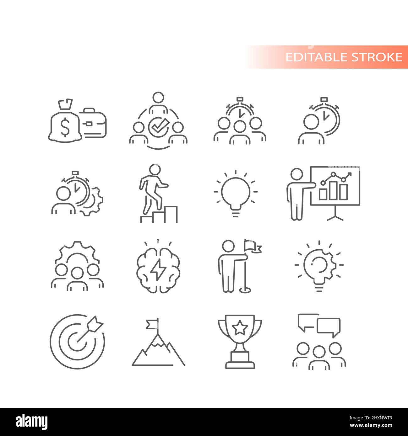 Teamwork, human resources line icon set. Business management, employees achievement outlined icons. Stock Vector