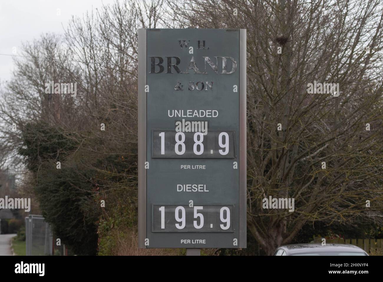 Lincolnshire, Uk, 13/03/2022, Lincolnshire garage W H Brand selling Diesel at 195.9 and unleaded fuel at 188.9 as fuel prices remain high. Stock Photo