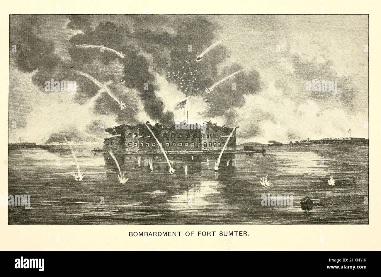 Bombardment of Fort Sumter 1861. Fort Sumter is a sea fort built on an artificial island protecting Charleston, South Carolina from naval invasion. Its origin dates to the War of 1812 when the British invaded Washington by sea. It was still incomplete in 1861 when the Battle of Fort Sumter began the American Civil War. It was severely damaged during the war, left in ruins, and although there was some rebuilding, the fort as conceived was never completed. from the book ' Angels of the battlefield : a history of the labors of the Catholic sisterhoods in the late civil war ' by George Barton, Pub Stock Photo