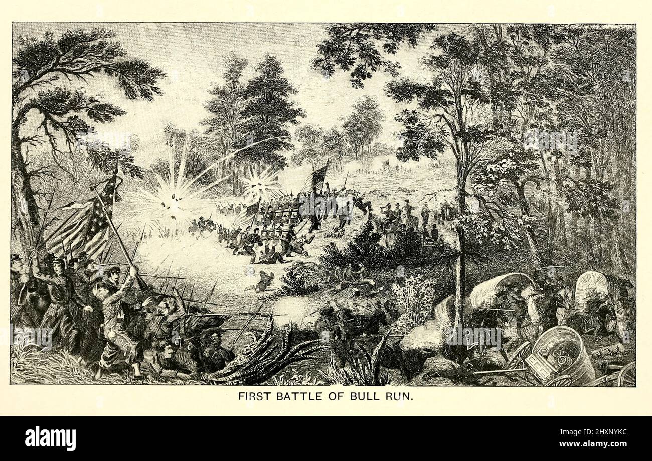 The First Battle of Bull Run (the name used by Union forces), also known as the Battle of First Manassas (the name used by Confederate forces), was the first major battle of the American Civil War. The battle was fought on July 21, 1861, in Prince William County, Virginia, just north of the city of Manassas and about 30 miles west-southwest of Washington, D.C. The Union's forces were slow in positioning themselves, allowing Confederate reinforcements time to arrive by rail. Each side had about 18,000 poorly trained and poorly led troops in their first battle. It was a Confederate victory, foll Stock Photo