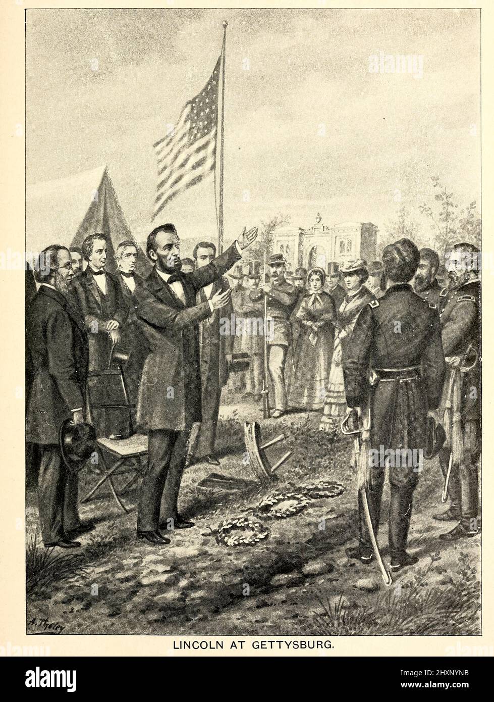 Lincoln at Gettysburg from the book ' Angels of the battlefield : a history of the labors of the Catholic sisterhoods in the late civil war ' by George Barton, Published in 1898 in Philadelphia, Pa., by The Catholic Art Publishing Company. Stock Photo