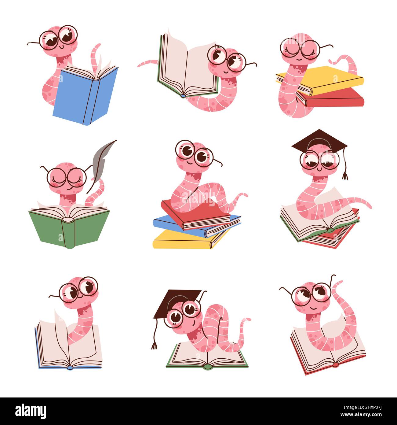 Cartoon book worm. Cute kids intelligent worm mascot in glasses