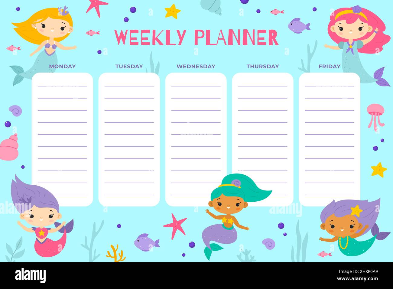 Cute mermaid weekly planner. Funny girly school schedule, little