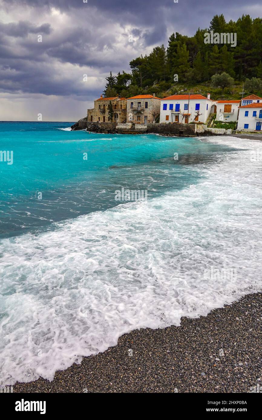 Cloudy weather, bad weather, the small isolated village of Kyparissi in winter in the Peloponnese, Arcadia, Greece Stock Photo