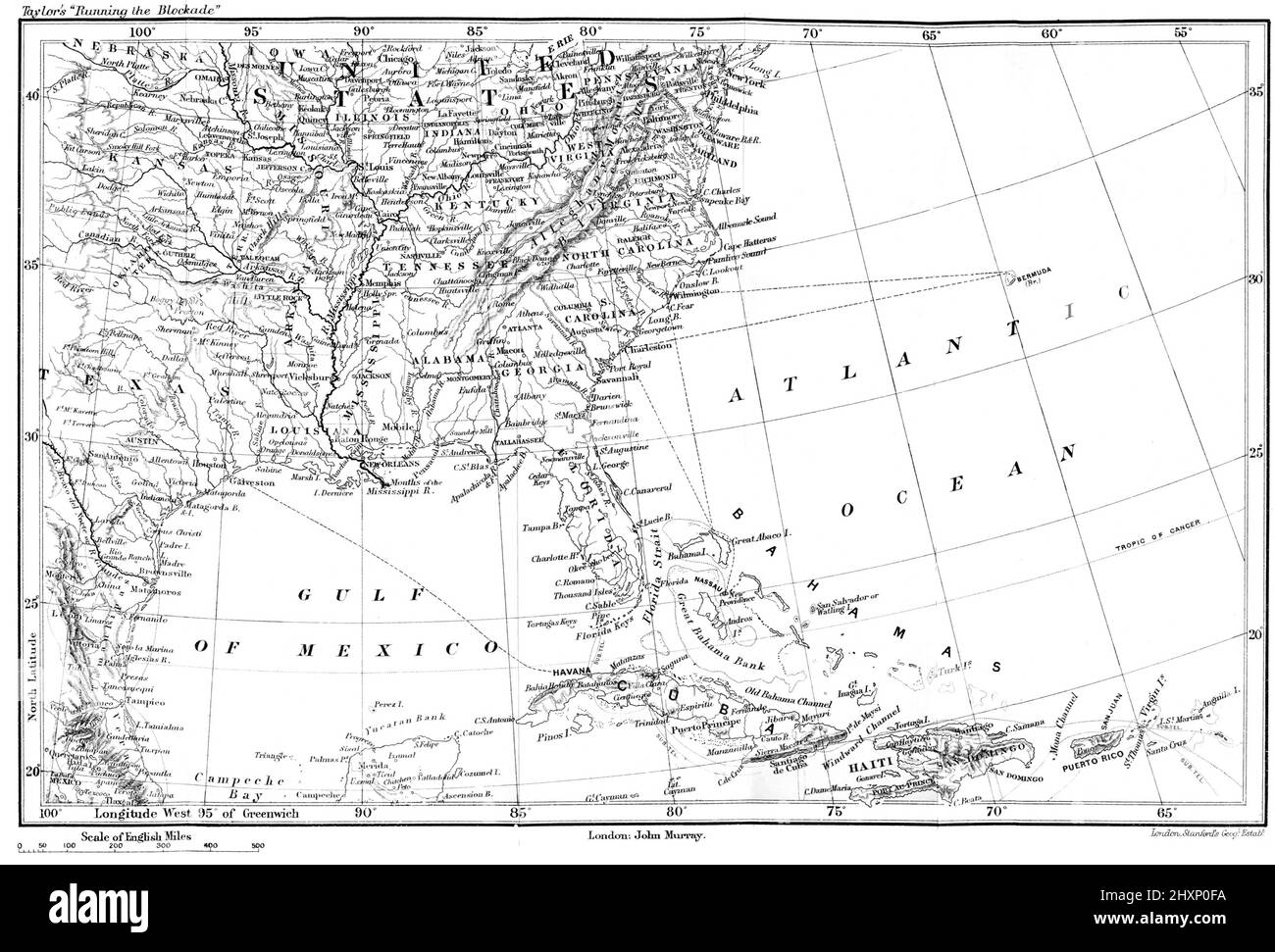 Map of the Atlantic Ocean and the Gulf of Mexico from the book ' Running the blockade. A personal narrative of adventures, risks and escapes during the American Civil War ' by Thomas E Taylor, Publication date 1897 Publisher London, J. Murray Stock Photo