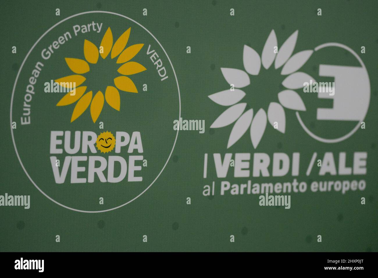Rome, Italy. 13th Mar, 2022. Europa Verde, logo during 'Italy without poisons. No to war', programmatic conference of Europa Verde and the European Green Party Verdi., News in Rome, Italy, March 13 2022 Credit: Independent Photo Agency/Alamy Live News Stock Photo