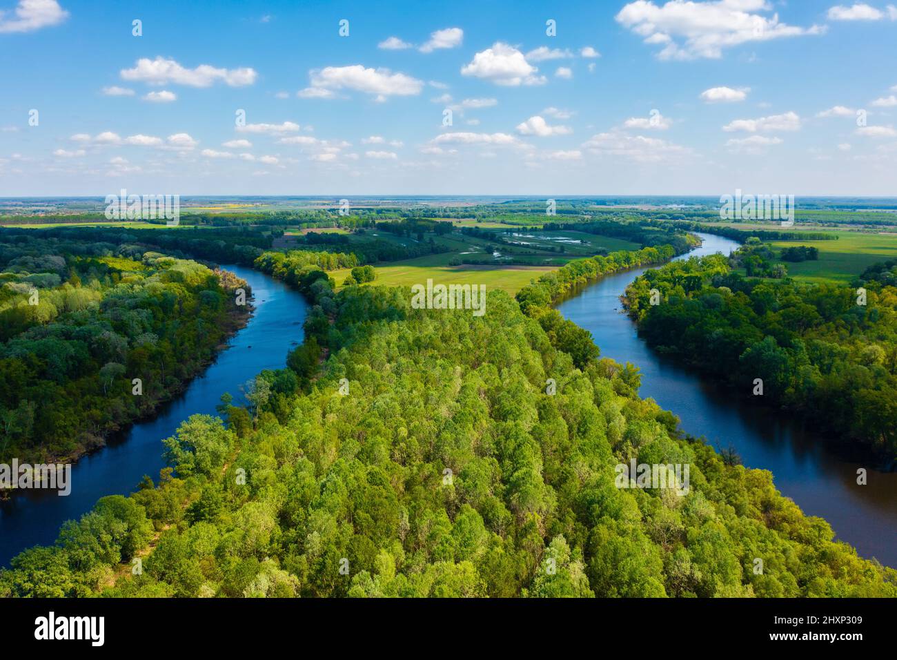Aerial photo about the famous backwater of Tisza river, next to Toserdo. Hungarian name is Lakiteleki-Holt-Tisza. Stock Photo