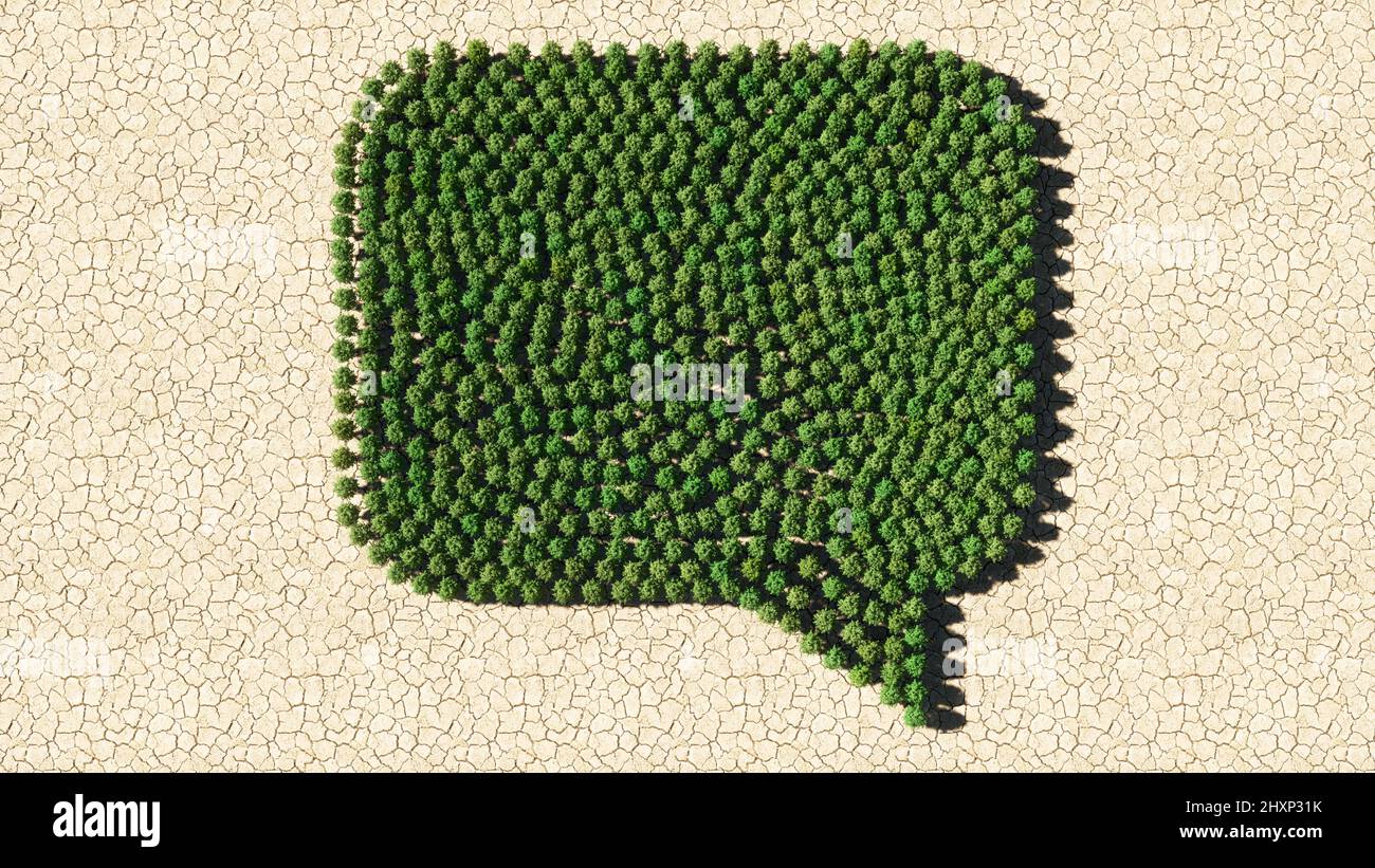 Concept or conceptual group of green forest tree on dry ground ...