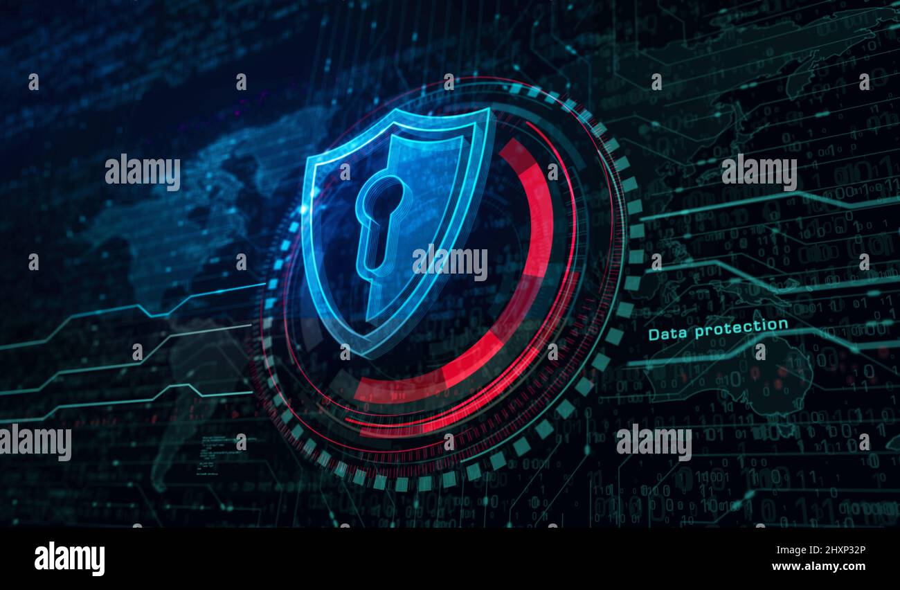 Cyber security, network protection and digital data with shield symbol ...