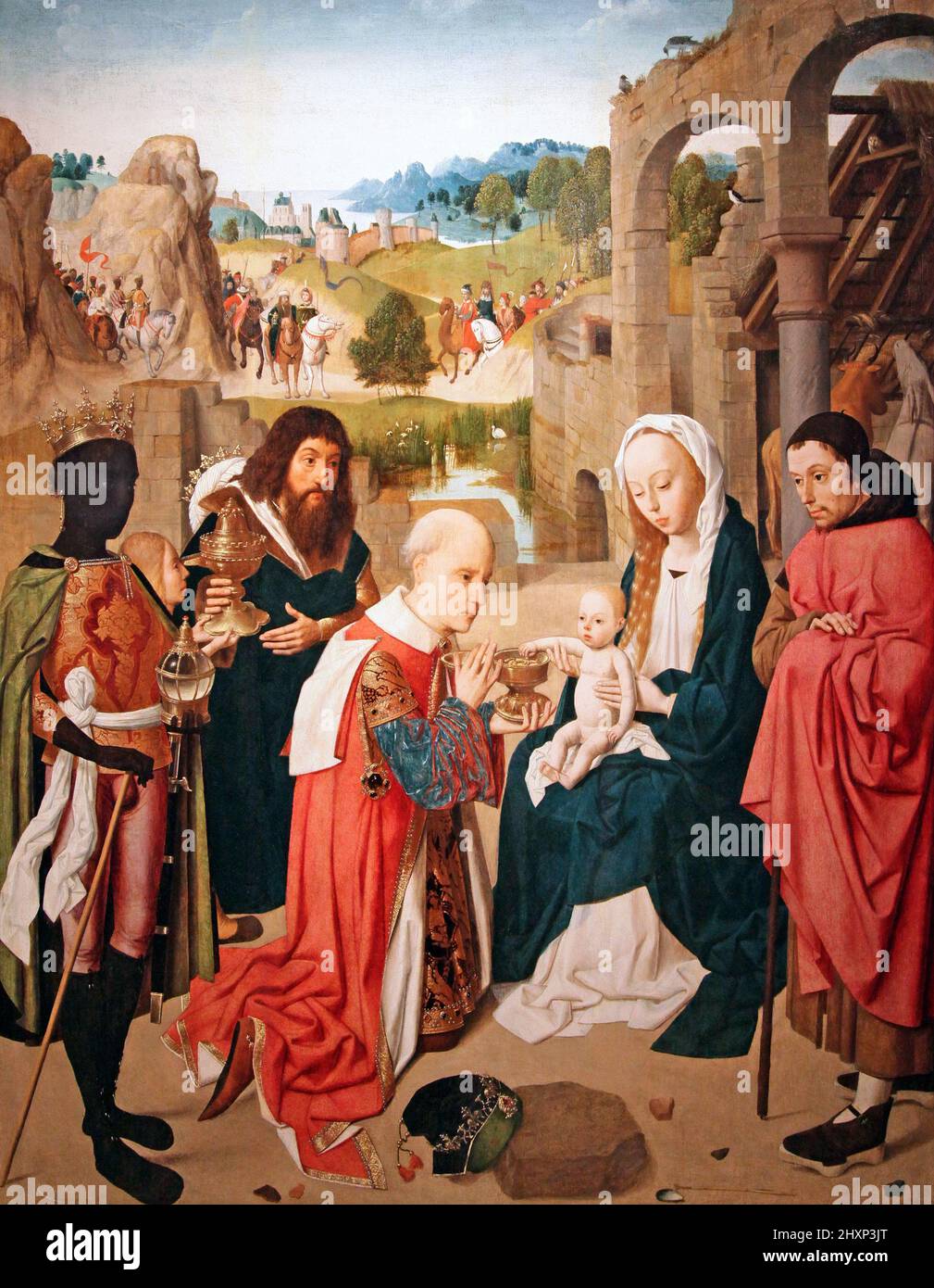 The Adoration of the Magi by Geertgen tot Sint Jans (c.1455-1495?).Early Netherlandish painter.The three magi  are paying tribute to the newborn baby Jesus Stock Photo