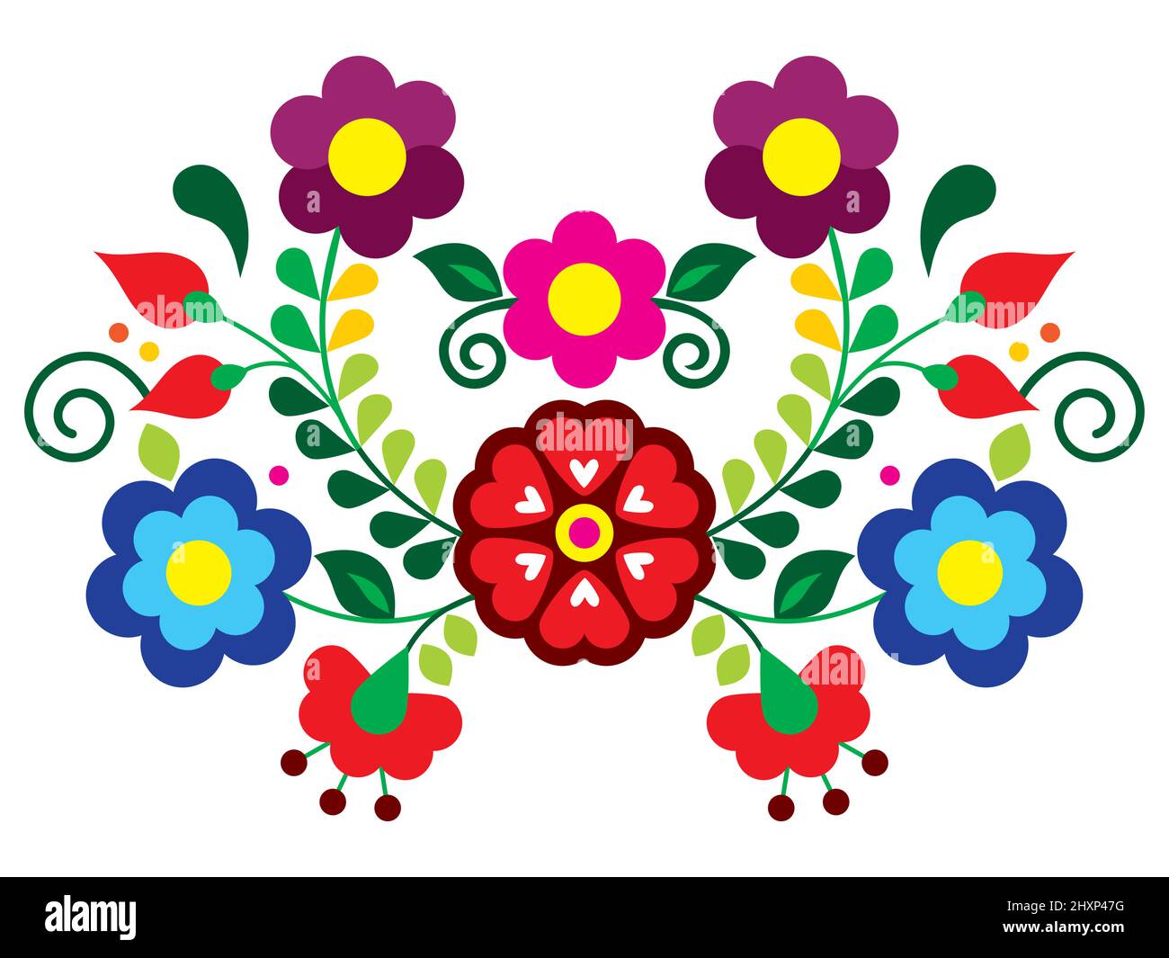 Mexican folk art embroidery style vector pattern with flowers, vibrant greeting card pattern inspired by folk art from Mexico Stock Vector