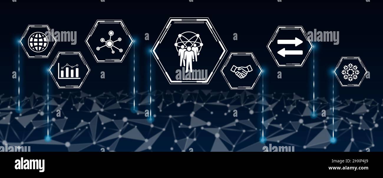 Concept of bpo with icons in hexagons connected to abstract network ...