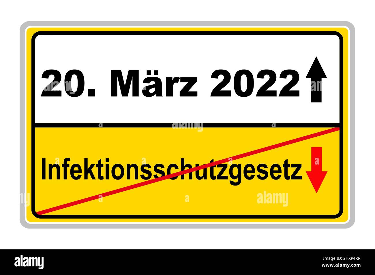 Corona Pandemie und Deutsches Schild mit Datum 20. März 2022 und Infektionschutzgesetz auf weissem Hintergrund Stock Photo