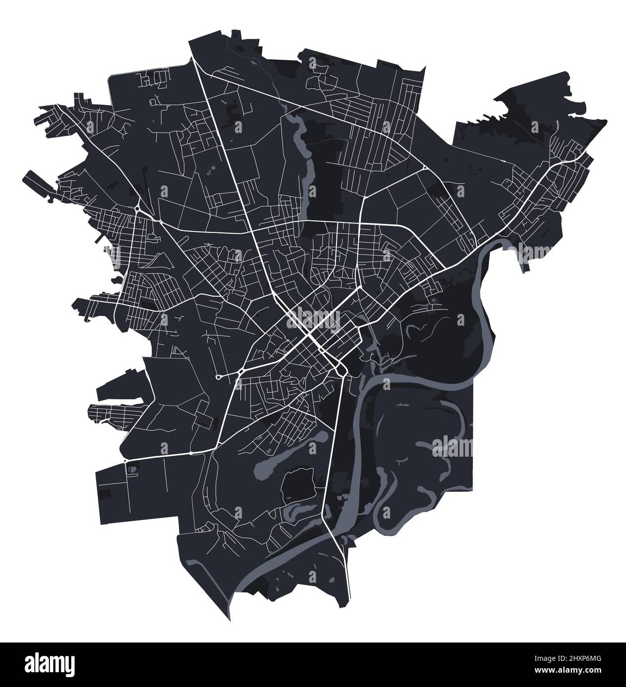 Chernihiv vector map. Detailed vector map of Chernihiv city administrative area. Cityscape poster metropolitan aria view. Black land with white roads Stock Vector
