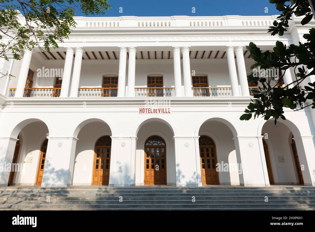 Pondicherry, India - 12 March 2022: The finally restored Town Hall of Pondicherry, ready to be opened to citizens. Stock Photo