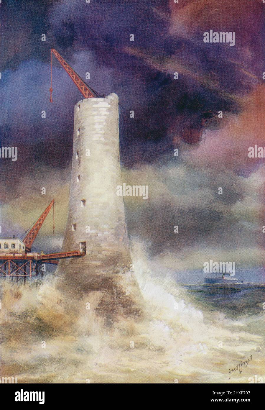 A lighthouse under construction.  From The Wonderland of Knowledge, published c.1930 Stock Photo