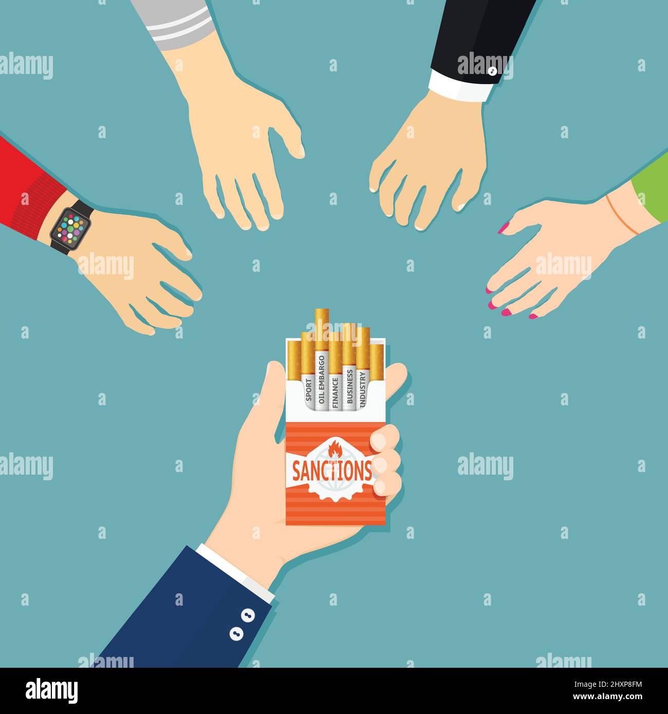 Concept of sanctions. Hands are reaching for cigarette pack with sanctions. Flat design illustration. Stock Vector