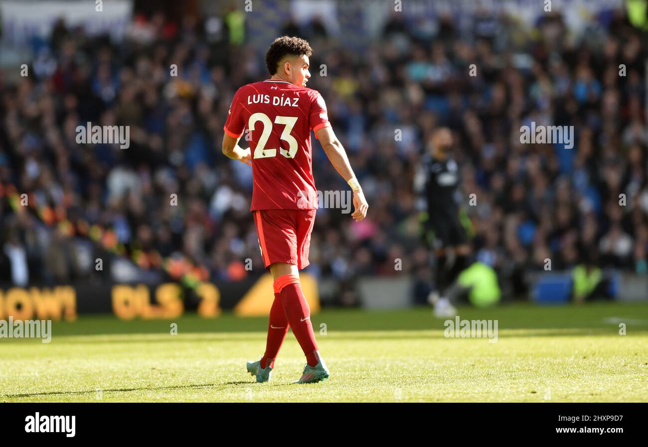 Luis Diaz of Liverpool during the Premier League match between Brighton and Hove Albion and Liverpool at the American Express Stadium  , Brighton , UK - 12th March 2022 Photo Simon Dack/Telephoto Images.  Editorial use only. No merchandising. For Football images FA and Premier League restrictions apply inc. no internet/mobile usage without FAPL license - for details contact Football Dataco Stock Photo