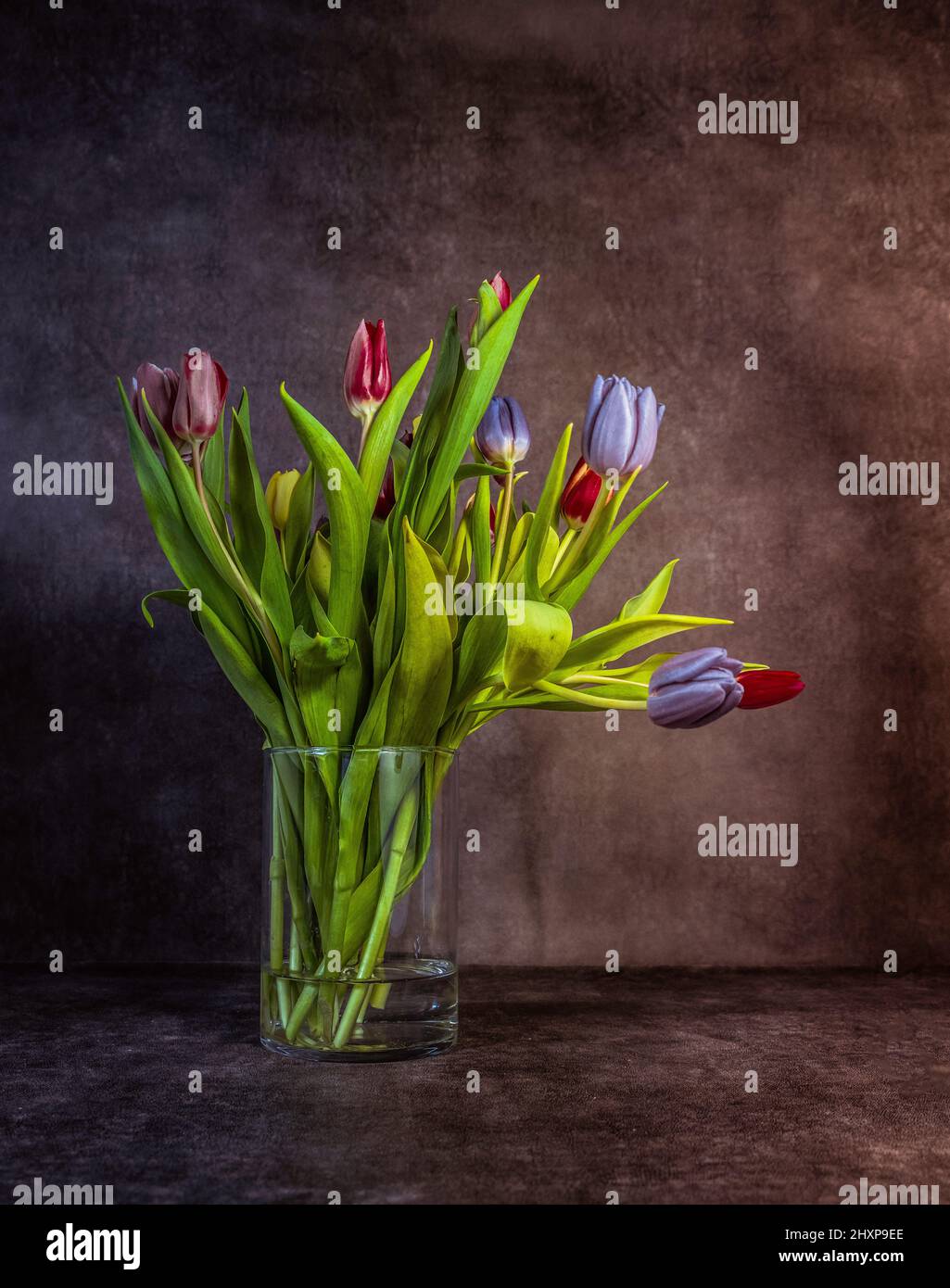 vse of glass with stil life of tulips Stock Photo